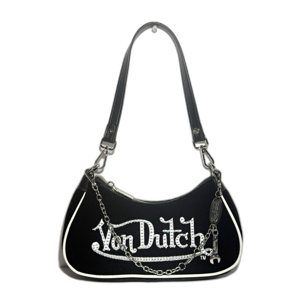 Von Dutch Black Velvet Logo Rhinestone Shoulder Bag Chain Wrench Charm Y2K NWOT